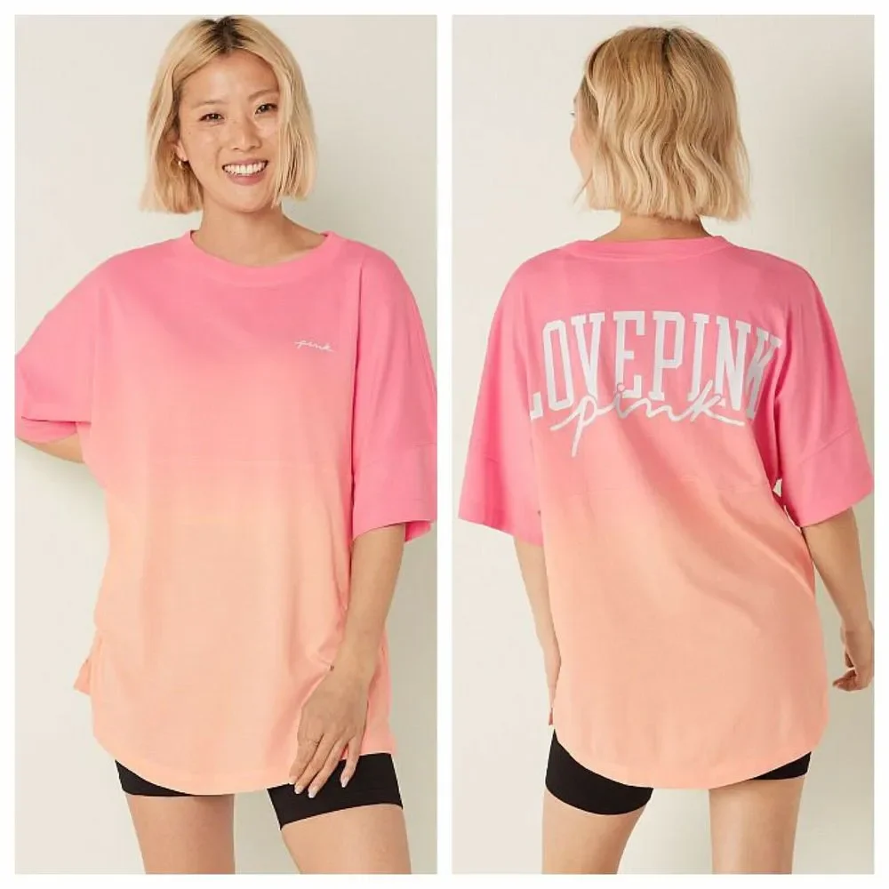 VS VICTORIAS SECRET PINK SHORT SLEEVE VARSITY CREW TEE TOP PEACHED DIP DYE S